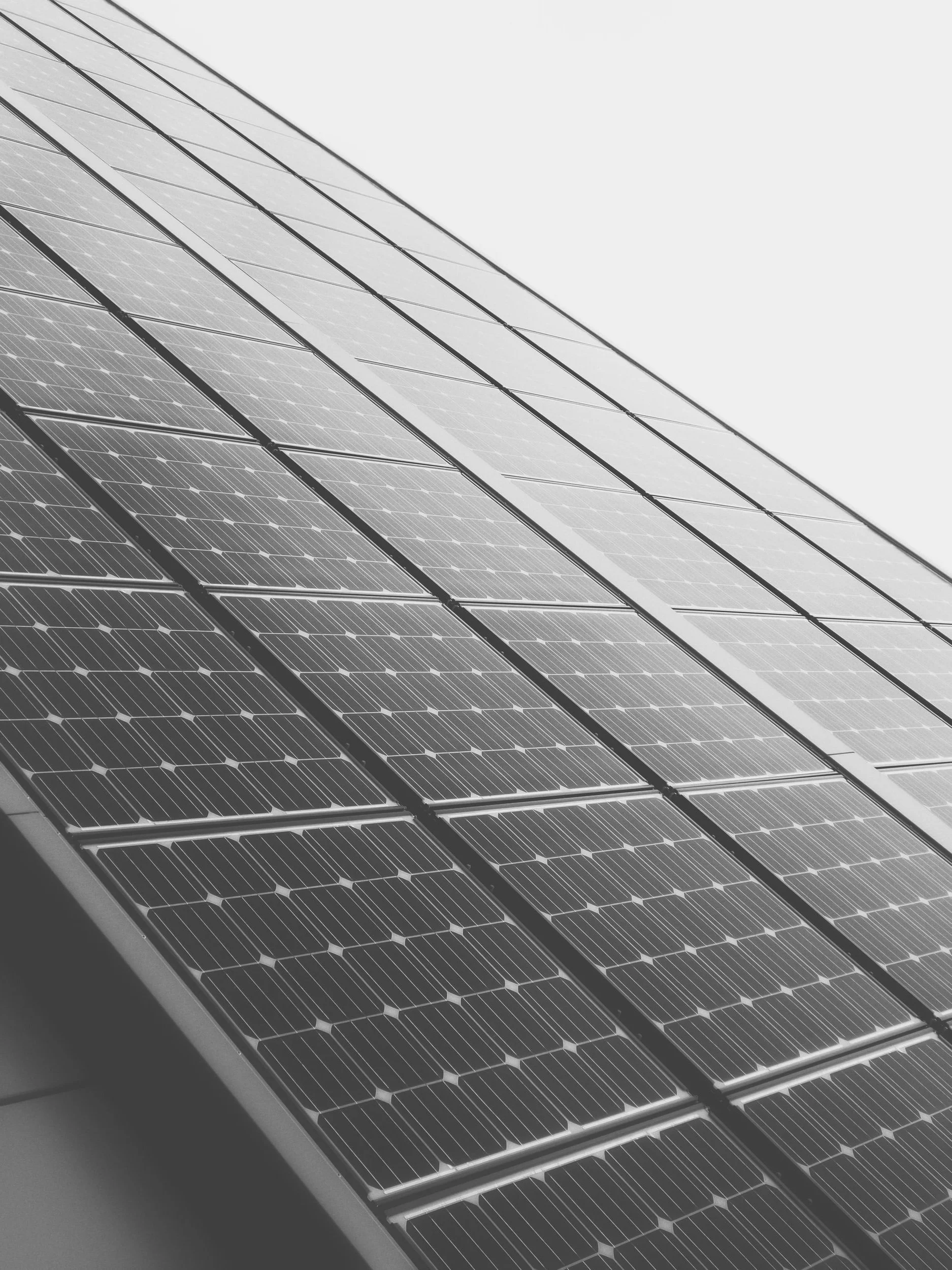 Black and white photo of rooftop solar panels